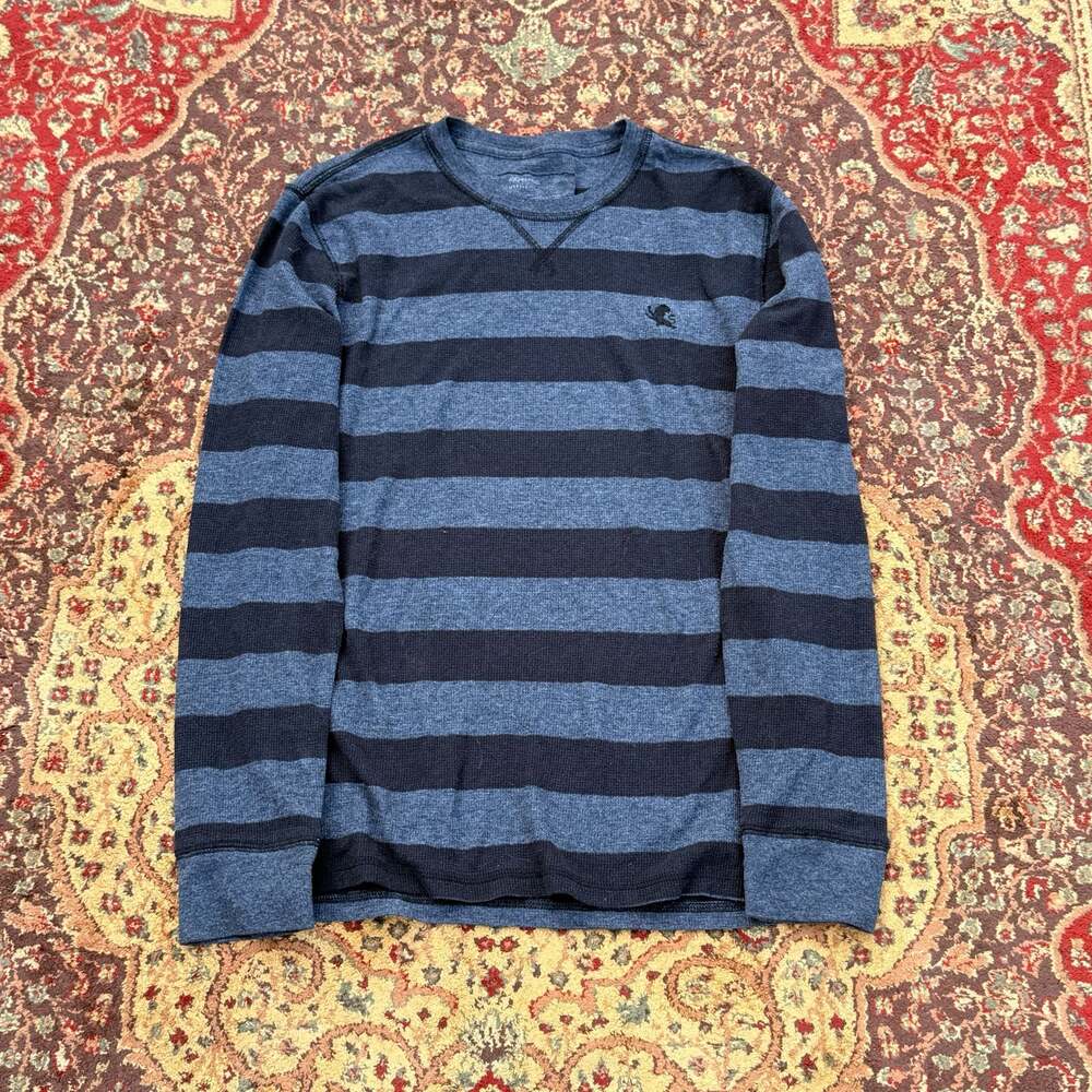 Express Mens Blue and Black Striped Waffle Knit Long Sleeve Thermal Shirt Size L